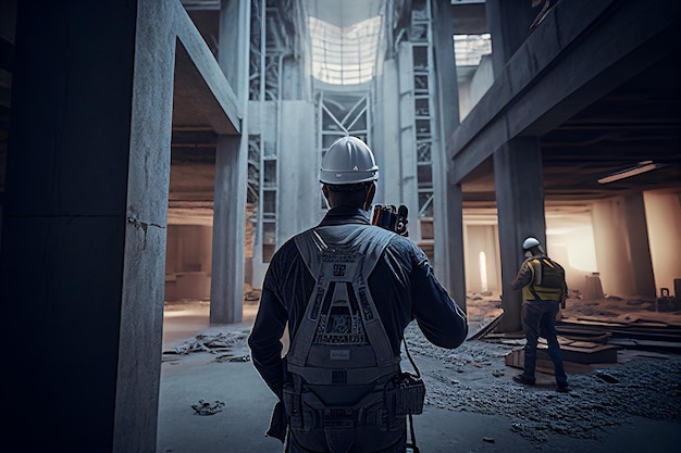 Arquiteto de engenheiro civil confiante usando um capacete em pé em uma IA generativa de construção ou indústria