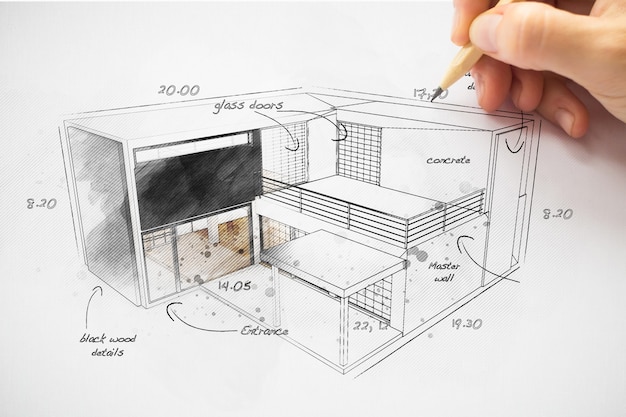 Foto arquiteto desenhando um projeto residencial