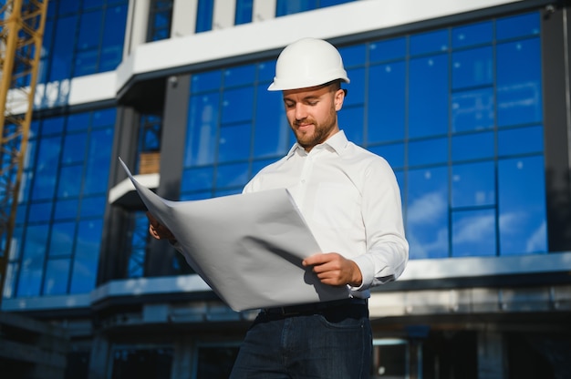 Arquiteto em capacete perto do novo prédio