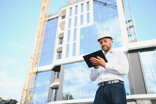 Foto arquiteto em capacete perto do novo prédio