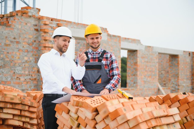 Arquiteto engenheiro com capacete e colete de segurança trabalhando juntos em equipe no grande canteiro de obras