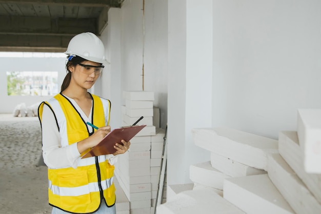 Arquiteto feminino gravado prancheta, número de construção e construção de parede de tijolos aerados.