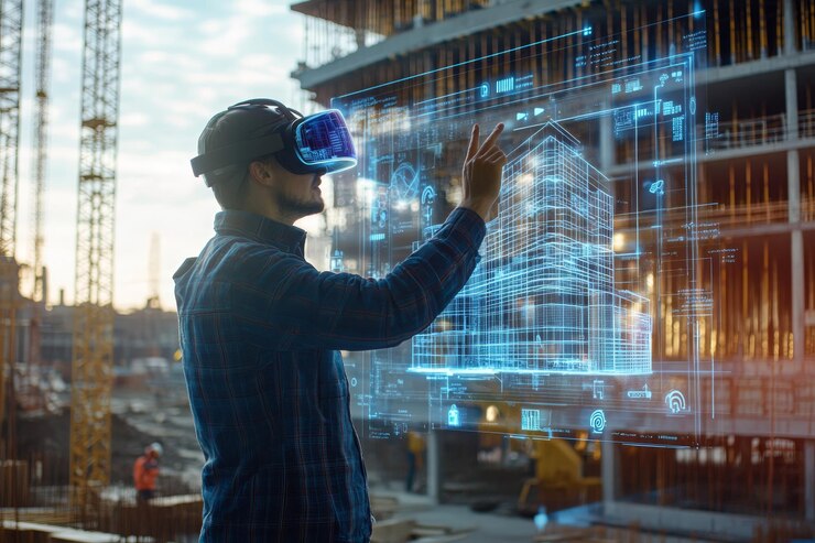 Foto arquiteto futurista com fone de ouvido ar criando modelos de edifícios 3d em um canteiro de obras ativo