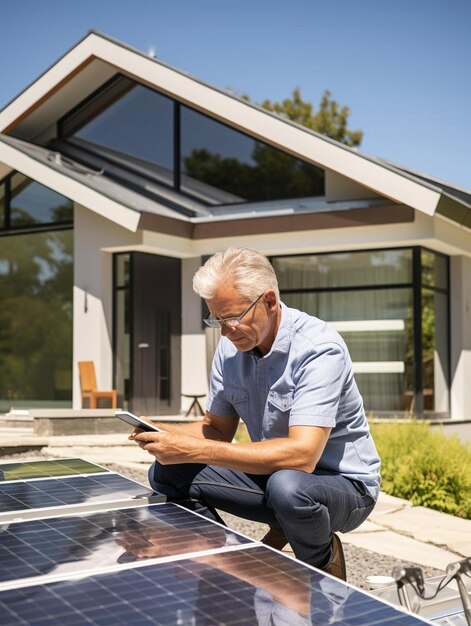 Foto arquiteto maduro examinando painéis solares de uma casa modelo