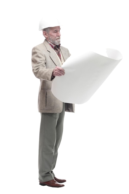 Arquiteto masculino com desenhos isolados em um branco