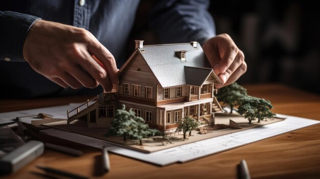 Arquiteto masculino constrói um modelo de uma casa ou edifício em seu escritório