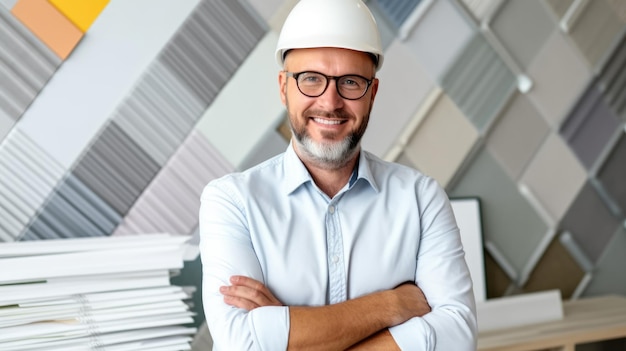 Foto arquiteto masculino dos anos 40, rosto sorridente em pé no escritório, design de interiores criativo e colorido generative ai aig20