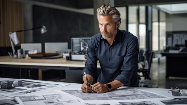 Arquiteto masculino está em um escritório na frente de uma mesa com vários projetos arquitetônicos