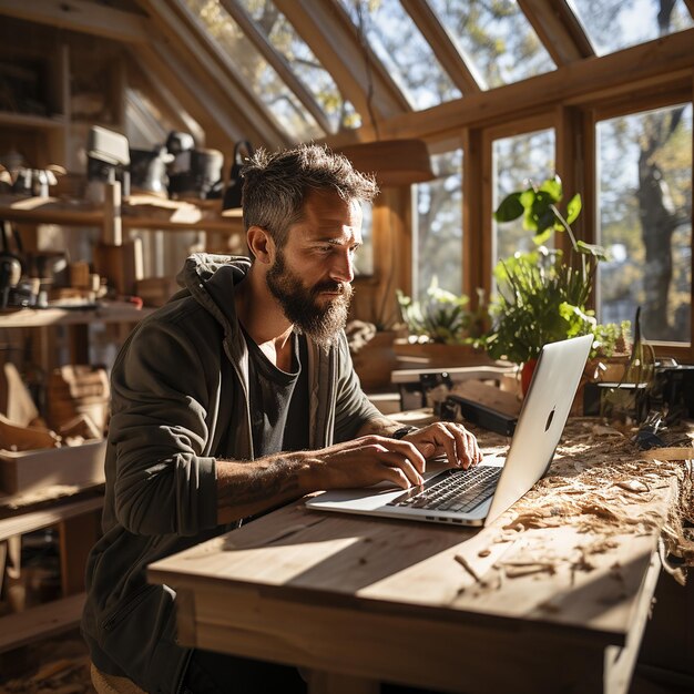 Foto arquiteto masculino trabalhando em um laptop em uma casa ensolarada em construção