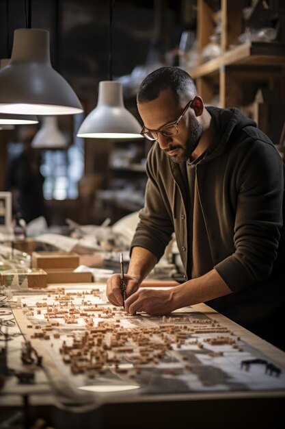 Arquiteto masculino trabalhando em um modelo de cidade