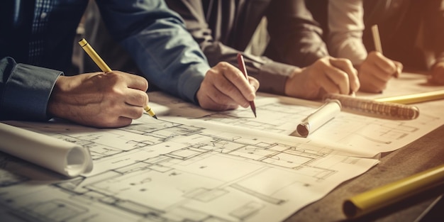 Foto arquiteto ou engenheiro trabalhando em planta no escritório com ia gerada