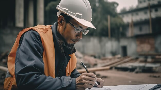 Arquiteto ou engenheiro trabalhando na planta no canteiro de obras Conceito de construção Generative AI