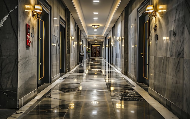 Arquitetonicamente limpo Longo corredor com portas em ambos os lados