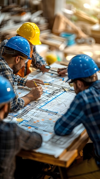 Arquitetos e gerentes de projeto em reunião de planejamento de construção fotorrealista discutindo Blueprin