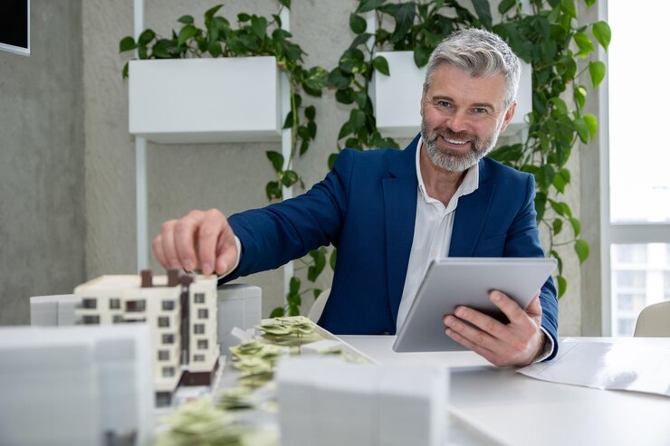Foto arquitetos ou engenheiros a trabalhar com planos e modelos de casas no escritório