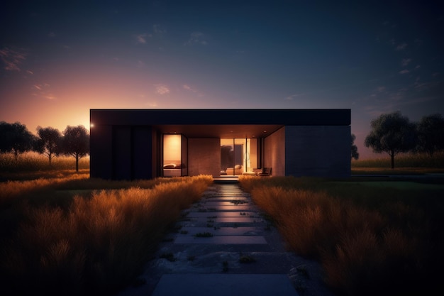 Arquitetura artística elegante inspiradora ao pôr do sol estilo moderno minimalista brutalista casa de um andar no campo