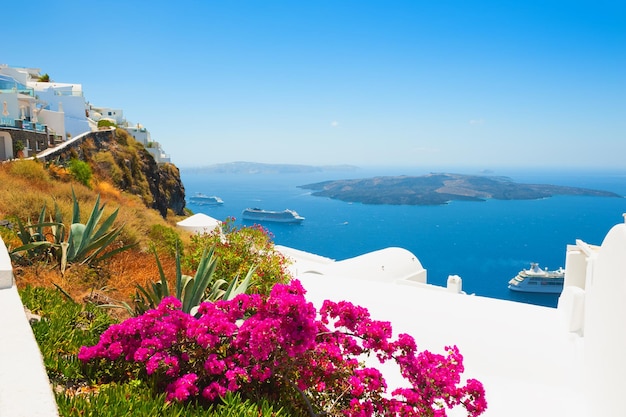 Arquitetura branca na ilha de Santorini, Grécia. Flores no terraço com vista para o mar. Conceito de destinos de viagens