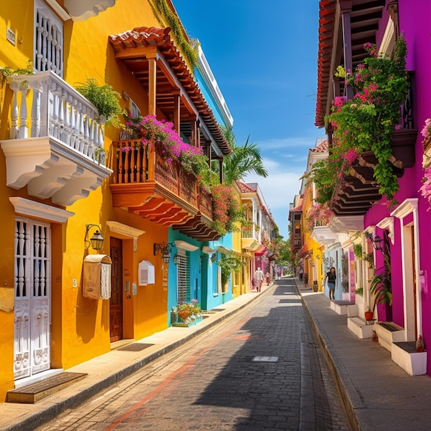 Arquitetura colonial colorida e vida de rua vibrante em Cartagena