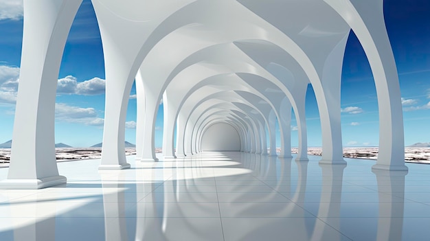 Arquitetura curva branca futurista com vista para o oceano