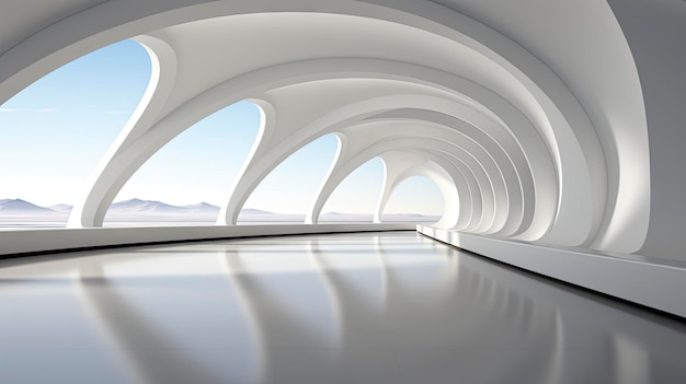 Arquitetura curva branca futurista com vista para o oceano