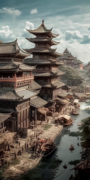 Foto arquitetura da cidade histórica 3d fictícia da china ai gerada