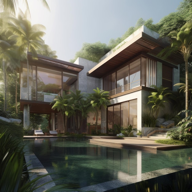 Arquitetura da IA generativa de villas tropicais modernas