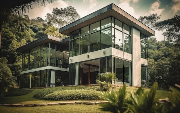 Arquitetura de alta classe de villa de luxo em floresta verde com grandes janelas de vidro