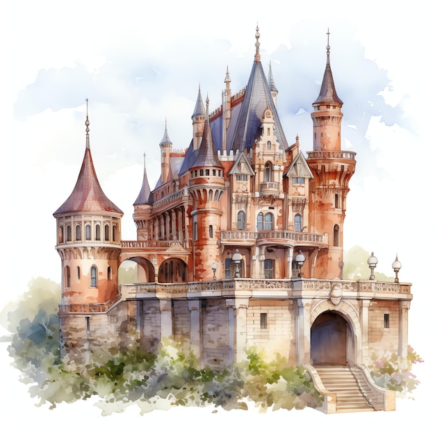 Arquitetura de castelos fantasia de aquarela medieval