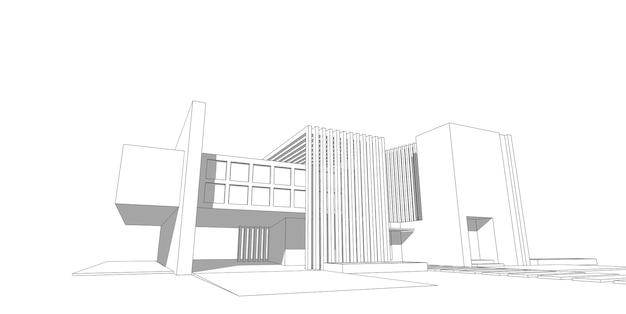 Arquitetura de esboço de construção de casa Ilustração 3d wireframe, linha de perspectiva arquitetônica moderna.