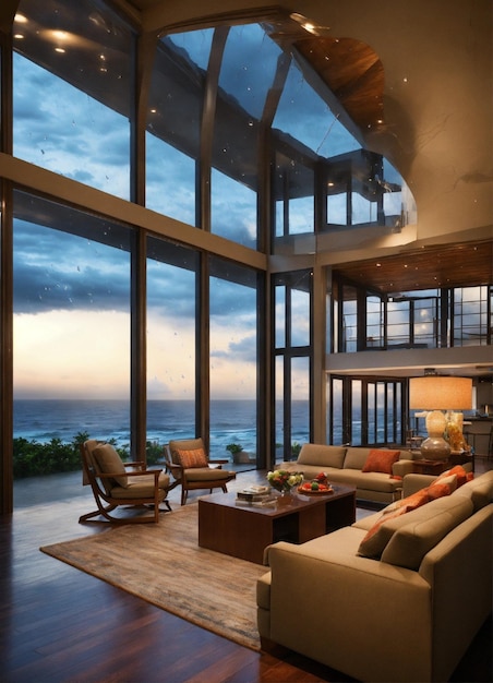 Arquitetura de interiores contrata sala de estar editorial com enormes janelas de vidro com vista para o oceano