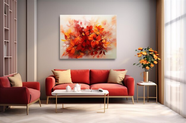 Arquitetura de interiores de sala de estar de luxo com sofá vermelho de tema outono e pintura abstrata