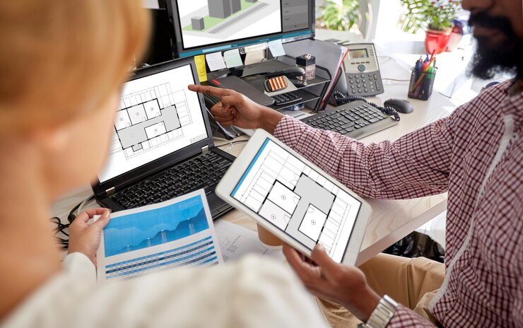 Foto arquitetura e tecnologia conceito equipe de arquitetos com planos em laptops e tablets e telas de computadores no escritório