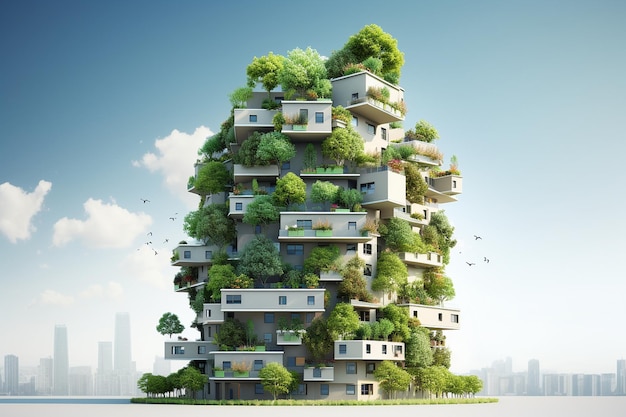 Arquitetura ecológica árvore verde e edifício de apartamentos a harmonia da natureza e da modernidade