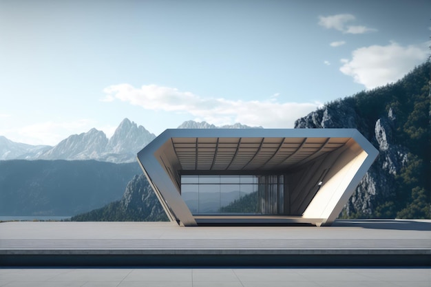 Arquitetura futurista da entrada do salão moderno na montanha com corredor vazio