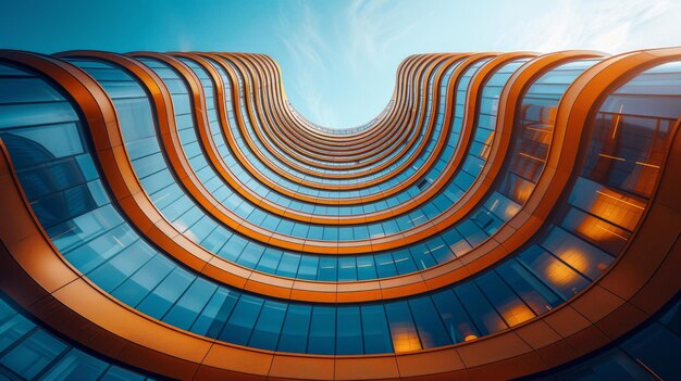 Arquitetura futurista de baixo arranha-céus com janelas de vidro curvas uma vista de ângulo baixo de maravilhas modernas AI Generative