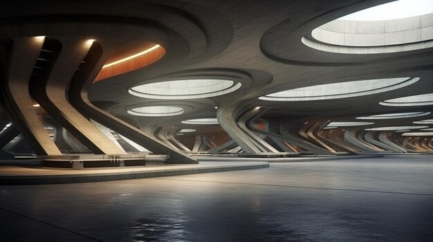 arquitetura futurista de concreto com piso de cimento vazio no estacionamento
