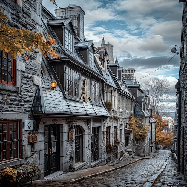 Arquitetura histórica na Cidade de Quebec Cobblestone Street e Edifícios de Pedra