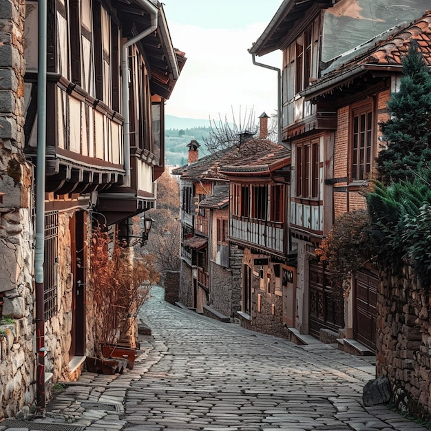 Foto arquitetura histórica na rua de paralelepípedos veliko tarnovo