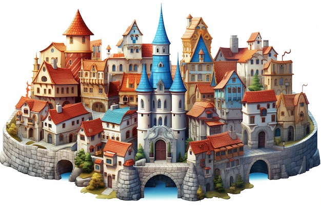 Arquitetura medieval isométrica com ilustração tradicional da cidade e do mercado