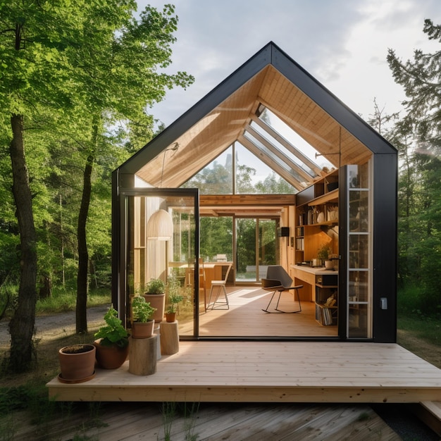 Arquitetura moderna, floresta, pequena cabana, fotos, arte gerada por IA