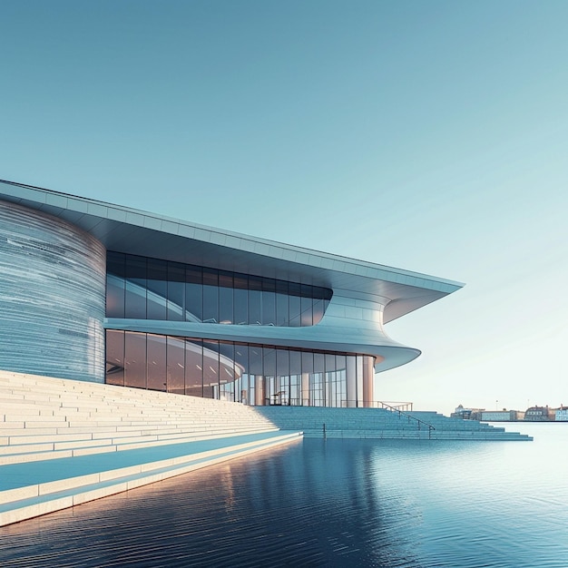 Foto arquitetura moderna na ópera de copenhague, ao lado da via fluvial