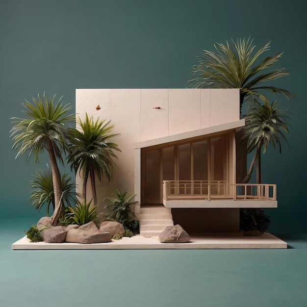 Foto arquitetura projeto de casa tropical com modelo em escala para apresentação