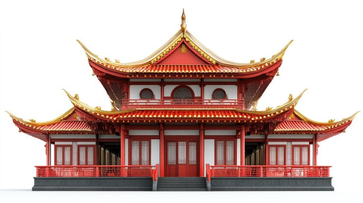 Foto arquitetura tradicional chinesa com sotaques vermelhos e dourados