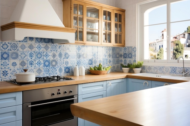 Arquitetura tradicional cozinha de azulejos azuis generativa Ai