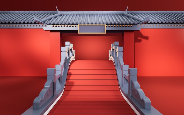 Arquitetura tradicional da ponte antiga chinesa renderização em 3d