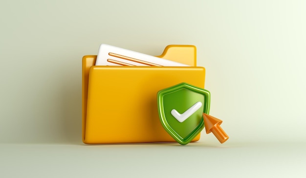 Arquivo de pasta 3d amarelo, escudo com estilo de desenho animado de marca de seleção, conceito de segurança de dados