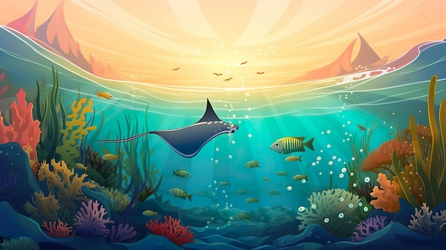 Foto arraias oceânicas abstratas beleza do mar com uma ilustração apresentando uma arraia oceânica contra um fundo abstrato generative ai