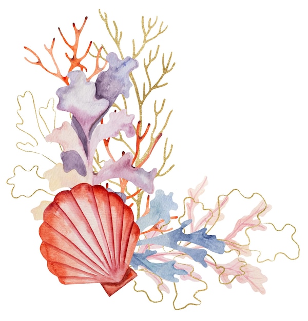 Arrangement aus Aquarell und goldenen Algen und Muscheln Strandhochzeit Illustration