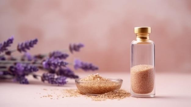 Arrangement aus Lavendel-Badesalz und Massageöl AI generiert