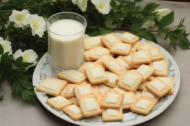 Arrangement von köstlichen Kekse mit Milch